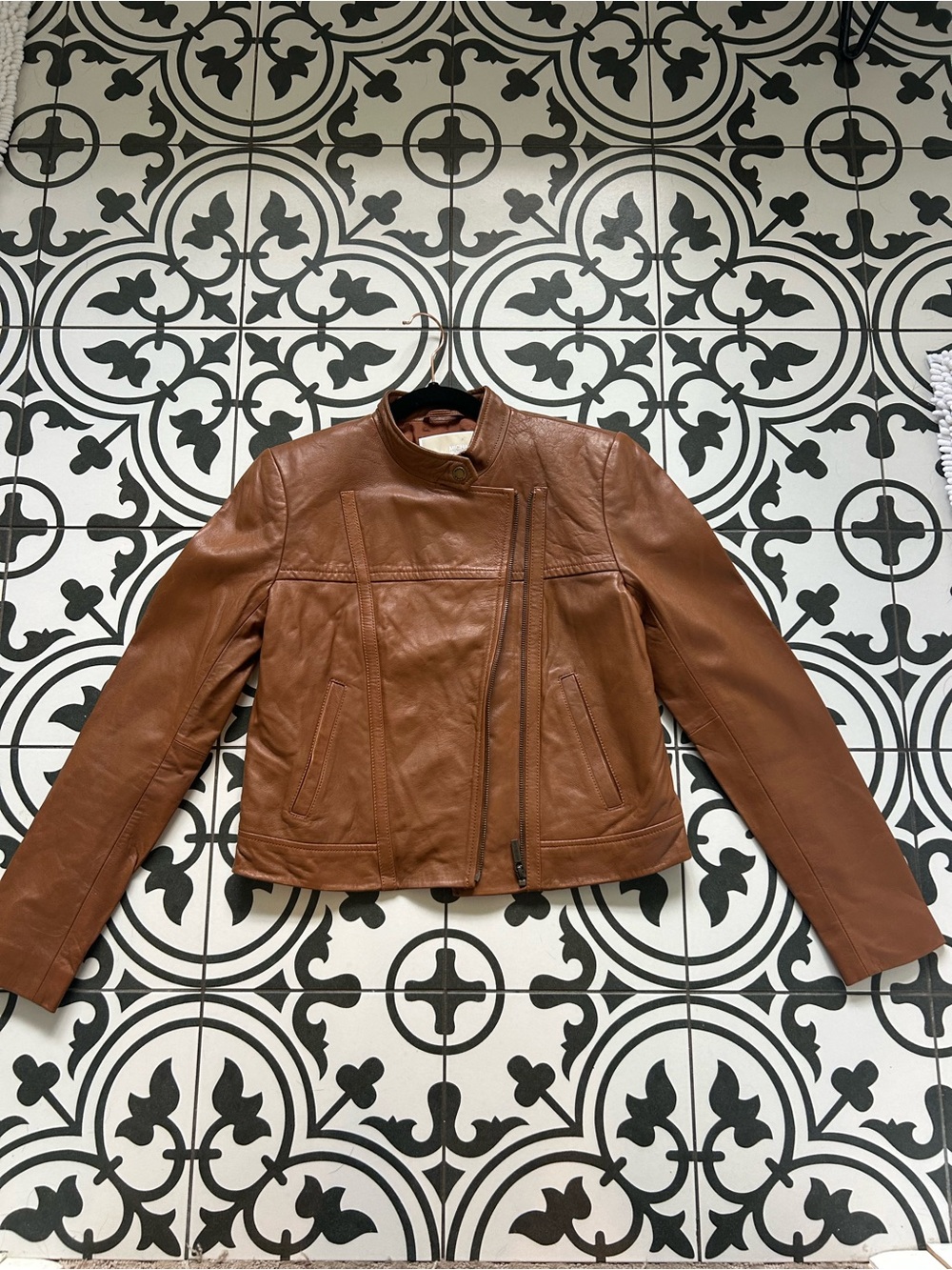 Michael Kors Brown faux Leather crop Asymmetrical Zip Jacket